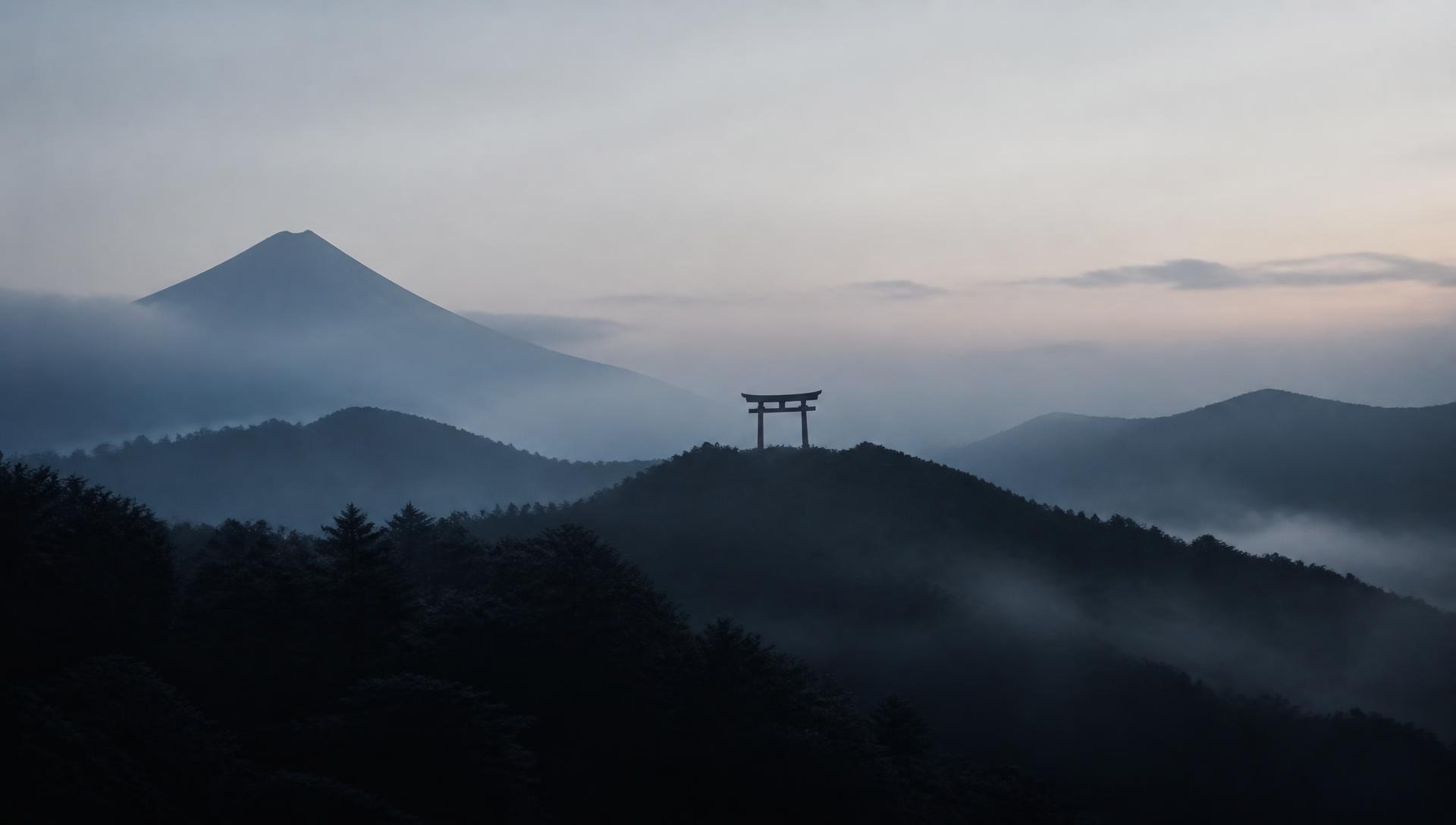 Mistige Japanse bergen bij zonsopgang met een torii-poort